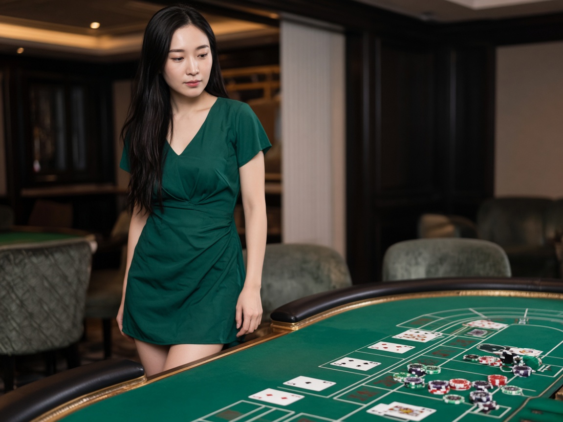 Phụ nữ châu Á đứng cạnh bàn baccarat nỉ xanh có bài và chip